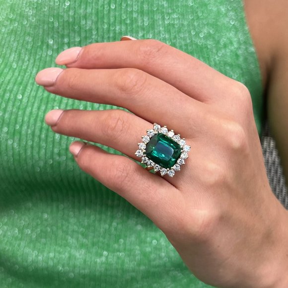 8.53Cts Green Tourmaline & 1.80Cts Diamond Ring 14K Yellow Gold Size 4.75 - Picture 1 of 5